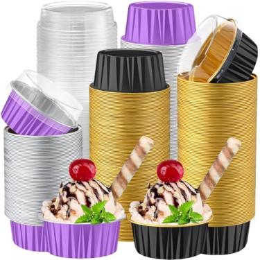 Imagem de Gandeer Pacote com 200 forros de cupcake de folha de alumínio com tampas, copo redondo de 142 g para festa de casamento, ramekin de torta descartável, mini formas de bolo, forma de pudim, recipiente