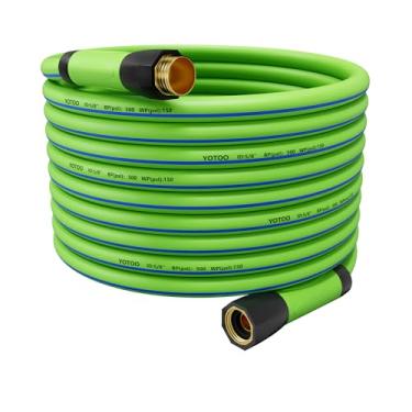 Imagem de YOTOO Mangueira de água de jardim híbrida resistente de 5/8 polegadas por 100 pés 150 PSI resistente a torções, flexível com alça giratória e acessórios de latão sólido GHT, verde + azul