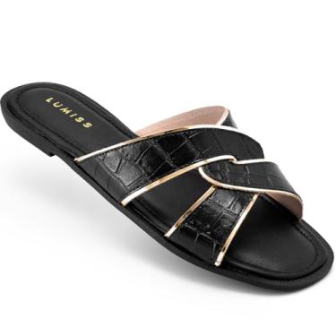 Imagem de Sandália Rasteira Feminina Lumiss Croco Trançada Confortável preto39