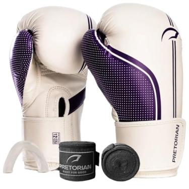 Imagem de Kit Luva de Boxe Muay Thai Kickboxing First FX1 Branco e Lilás + Bandagem + Protetor Bucal + Bag - Pretorian (10oz)