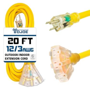 Imagem de YOJOE Cabo de extensão amarelo de 20 pés, cabo de extensão resistente SJTW iluminado para uso externo com 3 tomadas, calibre 12, cabo de extensão resistente SJTW com plugue aterrado de 3 pinos para