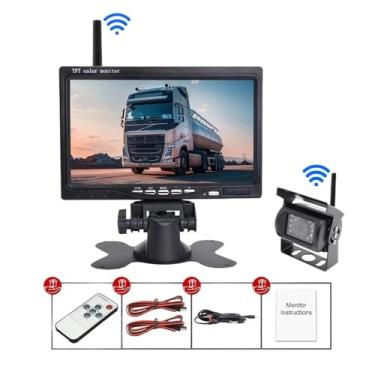 Imagem de Monitor automotivo HD sem fio de 7 polegadas compatível com câmera de visão traseira com visão noturna compatível com caminhão, ônibus, trailer, escavadeira, sistema 12V-24V compatível com à prova d'á