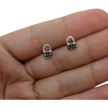 Imagem de Brinco Pedra Hematita Cadeado Pequeno 2 3 Furo F Prata Preto