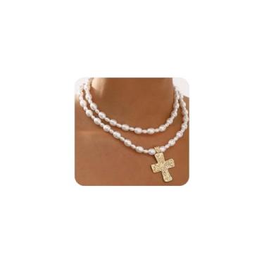 Imagem de Colar de cruz de pérola grossa para mulheres, moderno, conjunto de colares com pingente de crucifixo, colares em camadas, joias cristãs do dia a dia, Large, Metal, Sem Pedra Preciosa