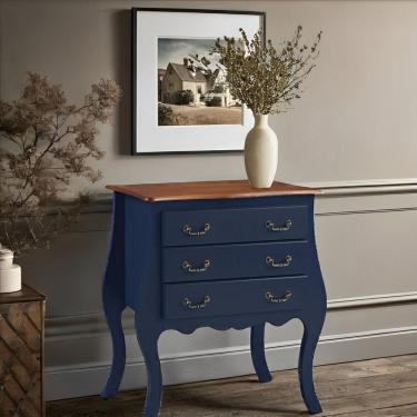 Imagem de Cômoda Rústica Bombê Com 3 Gavetas - Azul Bic Com Tampo Imbuia Glazer