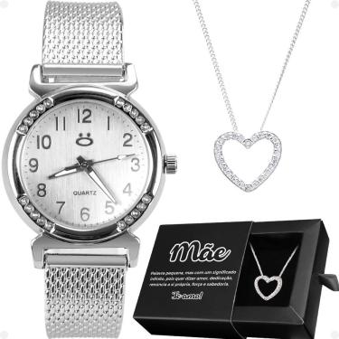 Imagem de Relogio Feminino Aço Inox Prata + Caixa + Colar Mãe Coração Pulseira Ajustavel Casual S...