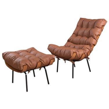 Imagem de Poltrona Costela Com Puff Couro Caramelo Metal Preto