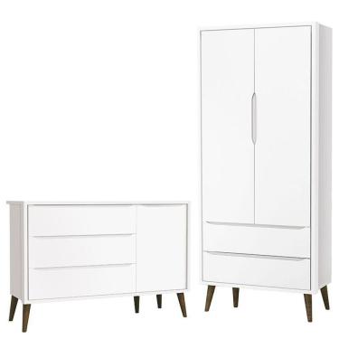 Imagem de Cômoda Infantil Com Porta E Guarda Roupa 2 Portas Theo Branco Acetinado Com Pés Amadeirado – Reller
