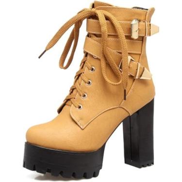 Imagem de Fivela Feminina Plataforma Lace-up Ankle Boots Moda Pu Couro Chunky Botas De Salto Alto, Yellow, 1 UK