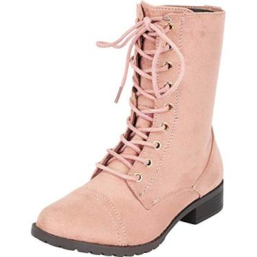 Imagem de Forever Link Botas de combate femininas de salto baixo de malha militar com cadarço e bico redondo, Rosa empoeirado, 36