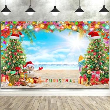 Imagem de Pano de fundo de fotografia de Natal, palmeira de praia de verão, decoração de árvore de Natal, cenário de festa, Happy Birthday Family Holiday Photobooth, adereços de estúdio fotográfico, suprimentos
