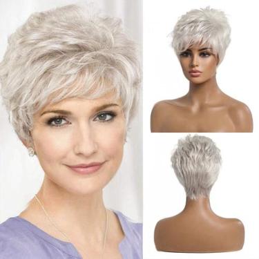 Imagem de Peruca EMMOR Short Silver Grey Human Hair Blend Pixie Cut Women