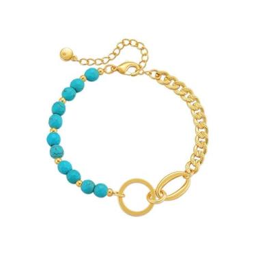 Imagem de Gleamsail Pulseira turquesa banhada a ouro 18 K para mulheres - Contas empilháveis de pedra natural, joia espiritual ajustável, presente de luxo, Large, Aço inoxidável, pedra preciosa Turquesa criada