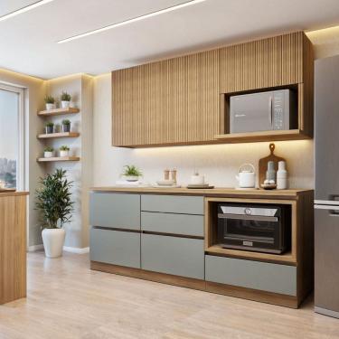 Imagem de Cozinha Completa Modulada 4 Peças 5 Portas 4 Gavetas com Rodapé Norten Marrom/Verde