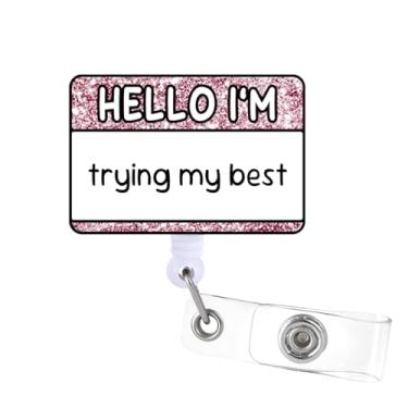 Imagem de Carretel de crachá Trying My Best com clipe jacaré giratório para identidade, carretel retrátil com glitter engraçado para RN LPN CNA enfermeira assistente médica equipe médica