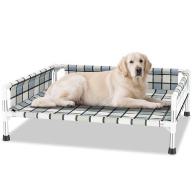 Imagem de Cama elevada elevada para cães ao ar livre – berço lavável e refrescante com corrimão, rede de algodão durável e respirável para animais de estimação com estrutura de tubo de aço inoxidável para