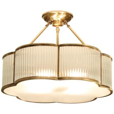 Imagem de MIXL - Lustre dourado semi-nivelado vintage, luminária de teto moderna de latão de meados do século, luz de teto floral art déco, lâmpada de teto de vidro fosco para quarto de bebê e cozinha