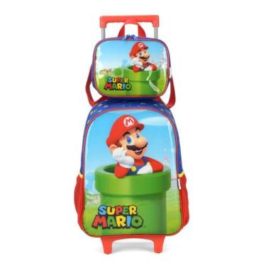 Imagem de Kit Mochila Rodinha Super Mario + Lancheira 2024 Azul Luxcel