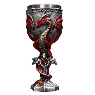 Imagem de YIXINLOMYY Cálice de dragão de aço inoxidável Dungeons and Dragon Gift for Men, 198.4 g Cálice de vinho cruz medieval copos de bebida gótico D & D cálice vintage presente de Natal Halloween (vermelho)