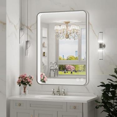 Imagem de FTOTI Espelho De Banheiro Com Led E Luzes, 20X28 Polegadas, Espelho De Penteadeira Com Moldura Prateada Escovada, Iluminado, Antiembaçante, Regulável, Montado Na Parede (Horizontal/Vertical)