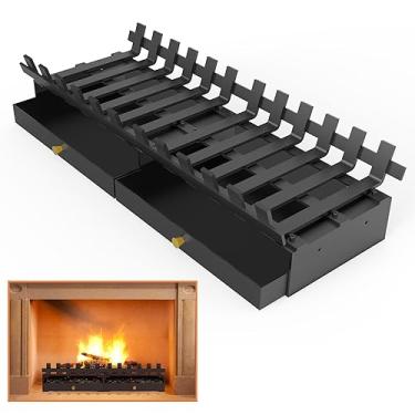 Imagem de Mxclimate Kit de grelha de lareira Suporte de grelha de lareira de 28 polegadas com bandeja de cinzas de lareira embutida, suporte de rack de queima de fogão de lareira de ferro forjado fort