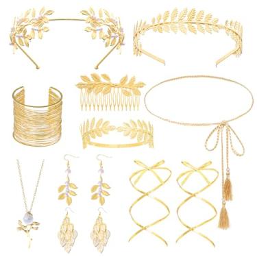 Imagem de YKYUASD 9 peças de acessórios de deusa grega para mulheres, coroa de folha de louro romano dourado, faixa de cabeça, braço, pulseira, brincos de pérola, colar, cinto de cintura Toga, bijuteria de