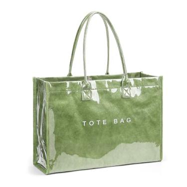 Imagem de Lushandy Bolsa de PVC para mulheres, bolsa grande de plástico para trabalho, papel kraft, impressão de letras, bolsa de ombro para carregar todas as bolsas Hobo, Verde grama, One Size