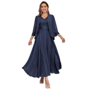 Imagem de Vestido Mãe da Noiva CDSSL em chiffon de renda azul marinho