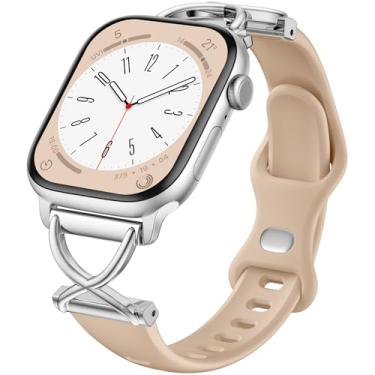 Imagem de Pulseira esportiva fina de silicone compatível com Apple Watch séries 10, 9, 8, 7, 6, 5, 4, 3, 2 e 1 SE, ultrafina, para iWatch de 40 mm, 41 mm, 38 mm, 42 mm, 44 mm, 45 mm, 46 mm, 49 mm, Milk Tea