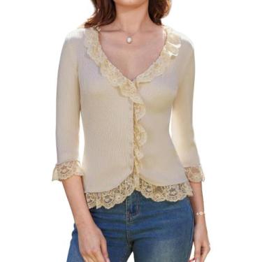 Imagem de Suéter cardigã GRACE KARIN, manga 3/4, renda, frente aberta, damasco