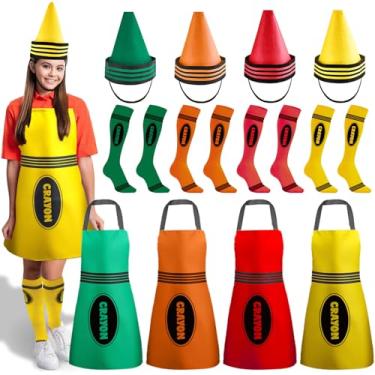 Imagem de 12 peças de fantasia de giz de cera, avental de giz de cera colorido, chapéus engraçados de cone de gnomo e meias até a coxa, conjunto de fantasia de giz de cera para adultos, homens, mulheres