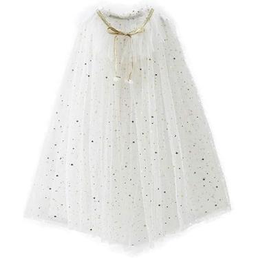 Imagem de Moslyn Vestido de capa para meninas, casaco combinando de princesa, casamento, festa de aniversário, Halloween, estrela, lantejoulas, capa de verão, fantasias para meninas, vestido infantil (pequeno, branco)