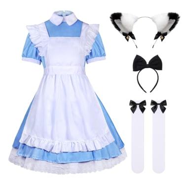 Imagem de KDVOG 5 peças de avental de empregada francesa de anime Lolita, vestido extravagante, fantasia de cosplay de Halloween, com laço de cabelo e faixa de cabelo, conjunto de meias, Azul, P