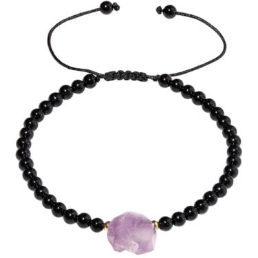 Imagem de Jewever Pulseiras femininas com cristais de ametista crua e pedras curativas com contas de proteção ajustável, equilíbrio de joias, meditação para ioga, presentes para mulheres, 4 mm, Pedra preciosa