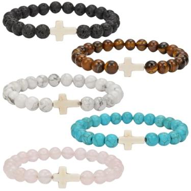 Imagem de HYHONEY Pulseira com contas cruzadas para mulheres e homens, pedra vulcânica, turquesa, olho de tigre, pulseira natural, cura da ansiedade, One Size, Pedra, Pedra