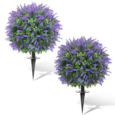 Imagem de Conjunto de 2 bolas artificiais de buxo com flores de girassol com pontas para ambientes externos, arbustos artificiais resistentes a UV, plantas de arbustos falsos realistas para jardim, quintal