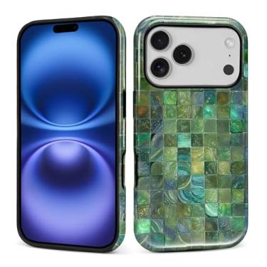 Imagem de Kapadiy Capa para iPhone 17 Pro, design de mosaico de vidro tonificado verde com proteção dupla híbrida de silicone rígido PC à prova de choque, capa protetora fina antiarranhões para homens e