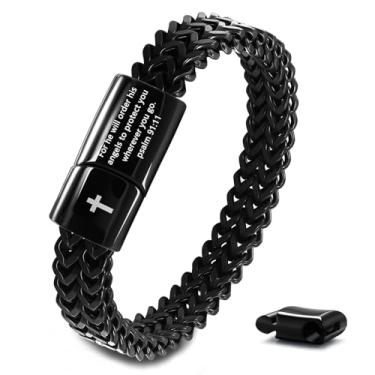 Imagem de FEEL STYLE Pulseira masculina com versículos bíblicos cruzados - Aço inoxidável Cristão Jesus Escritura Pulseiras masculinas pretas - Presentes religiosos para namorado masculino, Medium, Aço