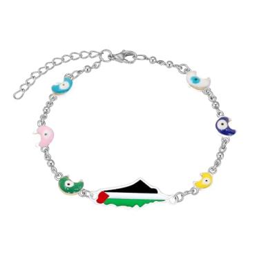 Imagem de Vivaday Pulseira de corrente de óleo de gotejamento de lua com bandeira palestina | Joias com símbolo da cultura palestina | Pulseiras de orgulho palestino pacíficas feitas à mão | Estilo Oriente