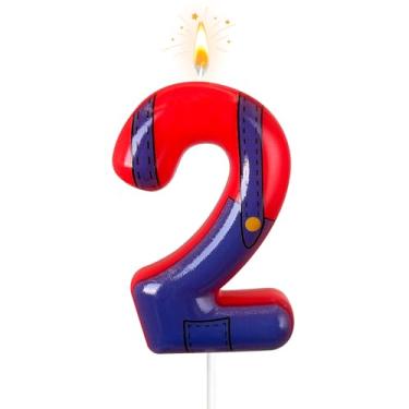 Imagem de laackys Velas de aniversário digitais vermelhas e azuis para meninos e meninas, decorações de bolo de festa de aniversário, adequadas para decoração de festa com tema de jogo de desenho animado Mario,