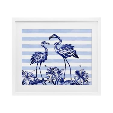 Imagem de Stupell Industries Impressão emoldurada branca de flamingos índigo sobre listras sob vidro, design de Paul Brent, 43 x 53 cm