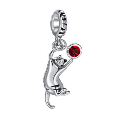 Imagem de MiiFort Berloque de gato malhado para brincar compatível com pulseiras Pandora com pedras vermelhas de janeiro para amantes de gatos gengibre, mulheres, aniversário