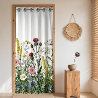 Imagem de CHGCRAFT Cortina de porta de flor boêmia para porta retrô flores silvestres cortina divisória de quarto com anéis de plástico cortinas dobráveis para porta de armário, porta de sala de estar, 99 x 199
