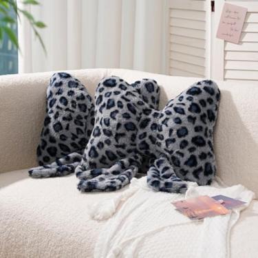 Imagem de GKWW Travesseiro de pelúcia com estampa de leopardo, laço peludo, flor fofa, almofada de pelúcia guepardo, decoração de casa, laço de pelúcia para cama, sofá, decoração de sala de estar (azul, 40,6 cm
