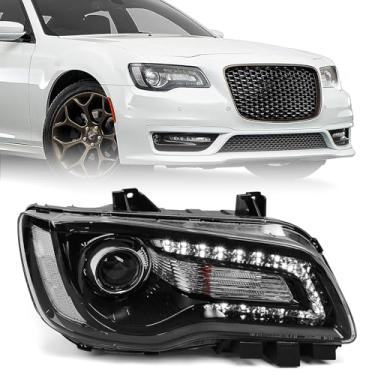 Imagem de VLINCAR Conjunto de farol de projetor compatível com Chrysler 300 2015 2016 2017 2018 farol de halogênio com lâmpadas com LED DRL caixa preta e refletor transparente lado direito do passageiro