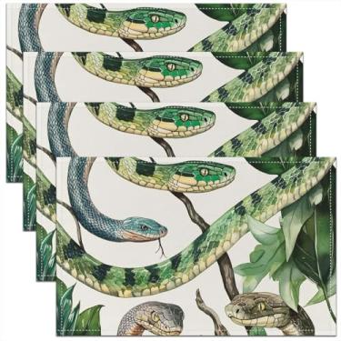 Imagem de jejeloiu Jogo americano de cobra conjunto de 4 tapetes de mesa para crianças, 45,7 x 30,5 cm, folhas tropicais, para meninos, meninas, adolescentes, animais répteis 3D, para cozinha, mesa de jantar