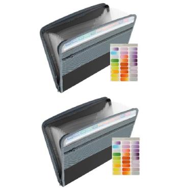 Imagem de 2 peças, organizador de arquivos sanfonado, 13 bolsos, pasta expansível com fecho de zíper, organizador de arquivos de documentos tamanho carta portátil de plástico A4 com etiquetas adesivas coloridas