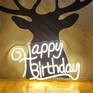 Imagem de Qykokok Happy Birthday Neon LED Signs Gift Acrylic Sign Light up Wall Backdrop for All Birthday Party 17''x 10'' Word Reusable Neon Light Bar Rave Home Decor Warm White