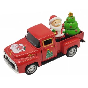 Imagem de Decoração de caminhão de Natal vermelho vintage – Captador retrô de metal fundido de 12 cm com estatuetas de Papai Noel e árvore de Natal para vila de Natal, conjunto de acessórios para exibição de