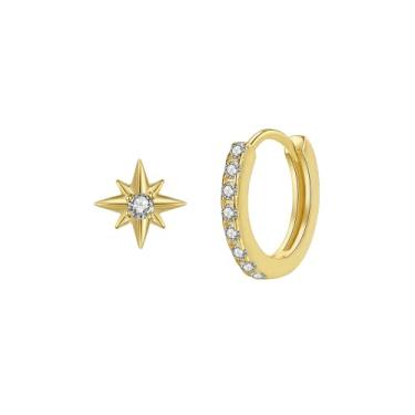 Imagem de Efashion Brincos femininos de prata esterlina 925 banhados a ouro 14K simples e assimétricos com zircônia, Small, Ouro amarelo, Zircônia cúbica